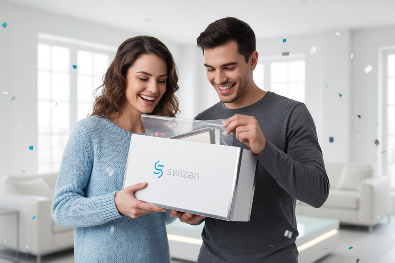 a girl and a guy getting swizan gift package