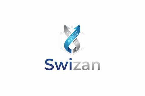 Logo design for a modern and innovative brand called 'Swizan'. Minimalist, clean, and professional style. Sleek typography with a creative icon or abstract symbol that represents technology and growth. Use a harmonious color palette with shades of blue, silver, and white. High-resolution, vector-style look, suitable for branding, digital and print use, with a futuristic and trustworthy feel